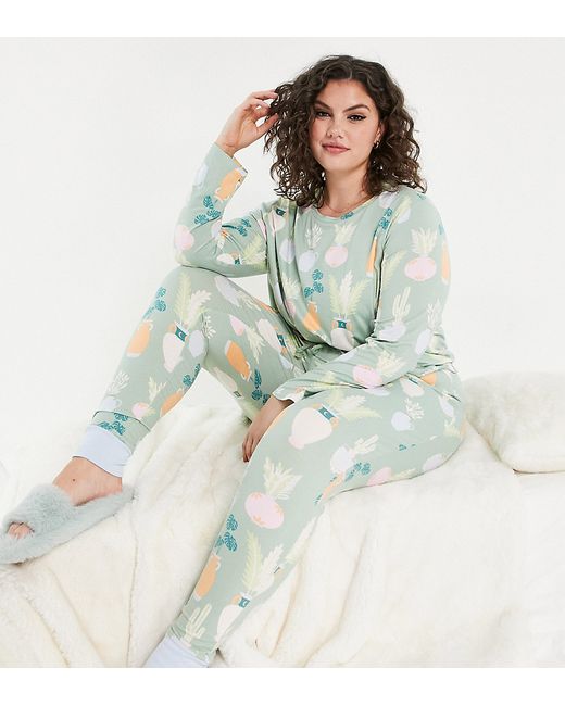 Chelsea Peers Curve poly long sleeve top and sweatpants pajama set in sage plant print LGREEN