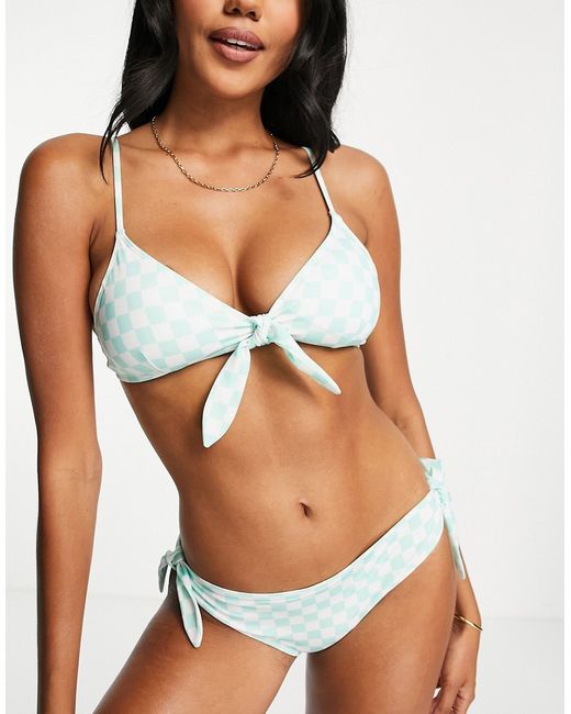 Monki bow front bikini top in green checkerboard-