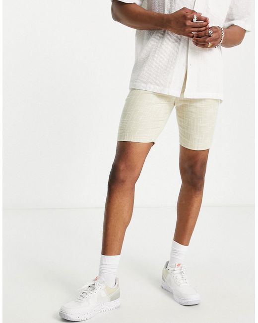 Asos Design smart skinny cotton mix basketweave shorts in stone-