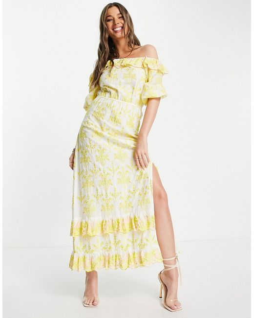 Miss Selfridge Premium embroidered bardot maxi dress with frill detail in yellow-