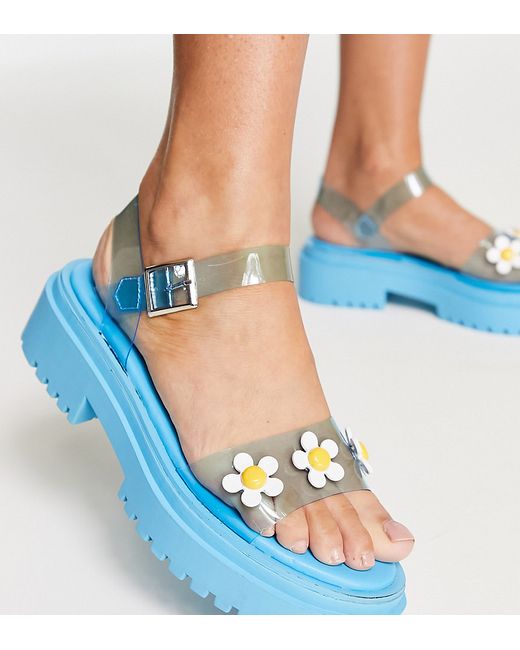 Daisy Street Exclusive flat sandals with daisies in blue vinyl-