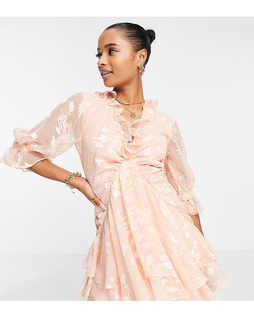 ASOS Petite DESIGN Petite ruffle detail mini dress with godet layered skirt in satin floral pink-