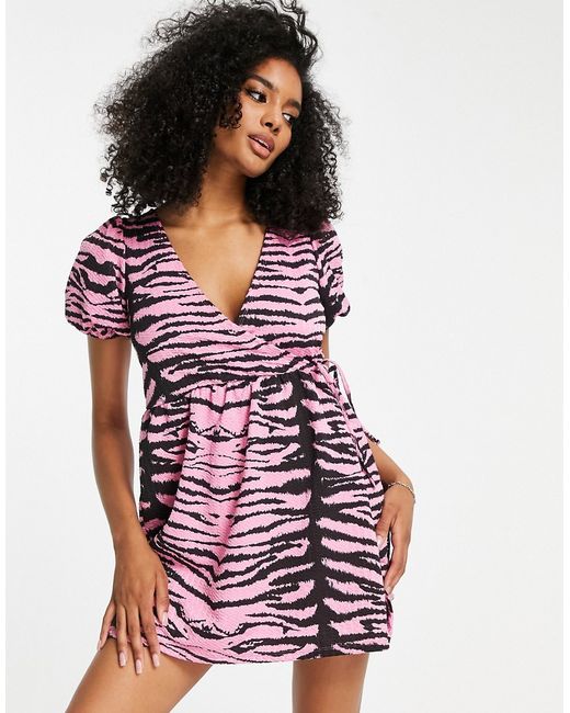 Asos Design short sleeve smock wrap dress in zebra animal