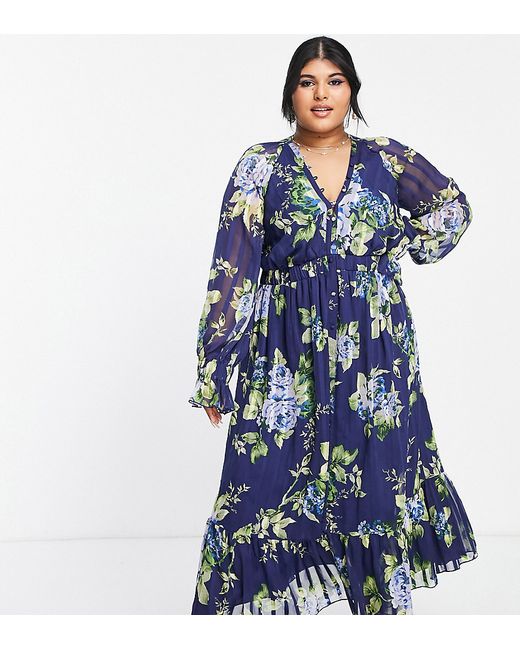 ASOS Curve DESIGN Curve satin midi dress with blouson sleeve and button detail in navy floral print-