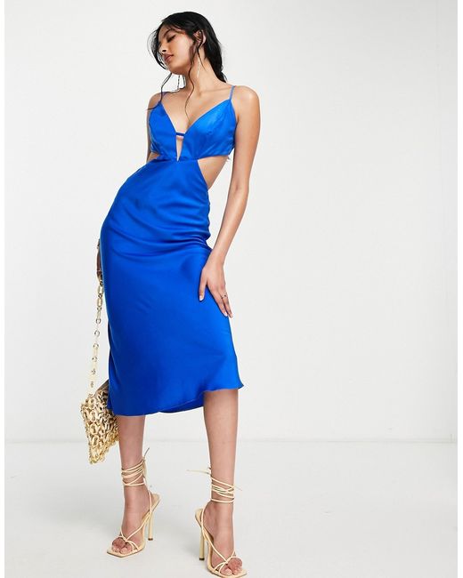 Asos Design strappy satin midi dress with open back in cobalt-