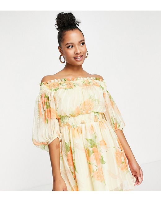ASOS Petite DESIGN Petite Off shoulder mini dress with blouson sleeve in self stripe meadow floral-