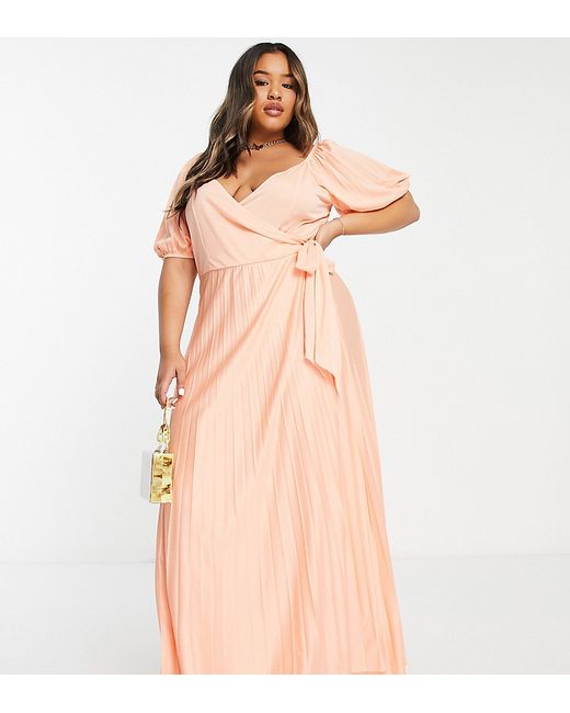 Asos Design Curve puff sleeve gathered front maxi dress in apricot-