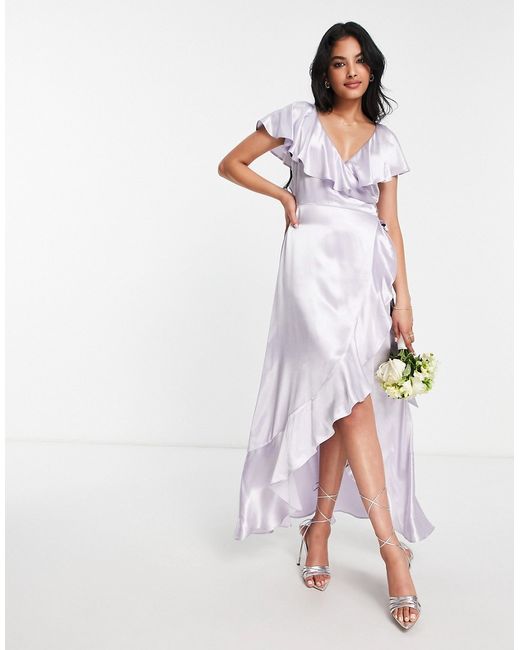 TopShop bridesmaid satin frill wrap dress in lilac-