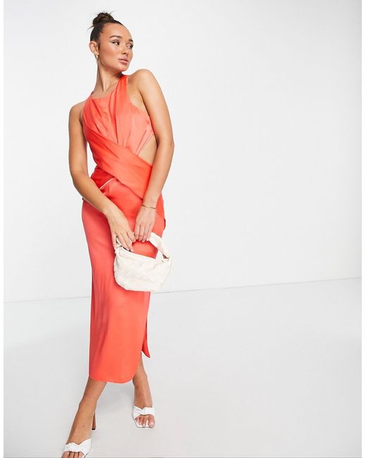 Asos Design halter satin midi dress with wrap waist detail in