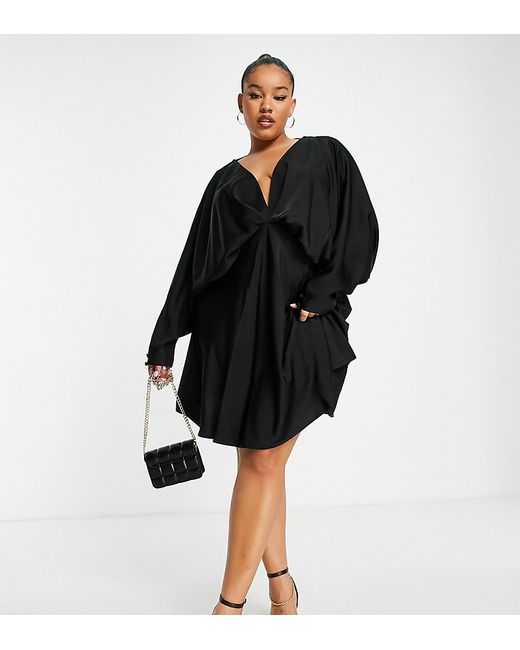 ASOS Curve DESIGN Curve batwing satin mini dress with bias cut skirt and tie back in