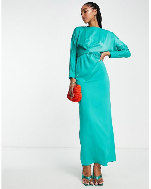 Asos Design maxi dress with batwing sleeve and wrap waist in satin