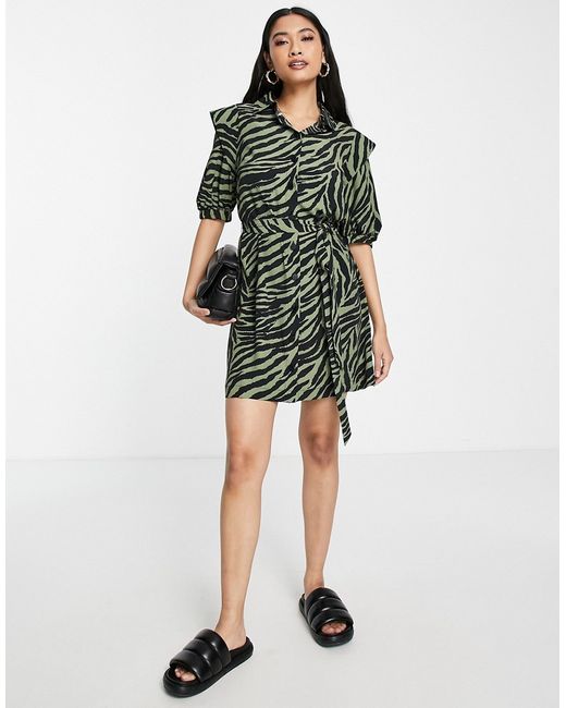 TopShop zebra print shirt dress in khaki-