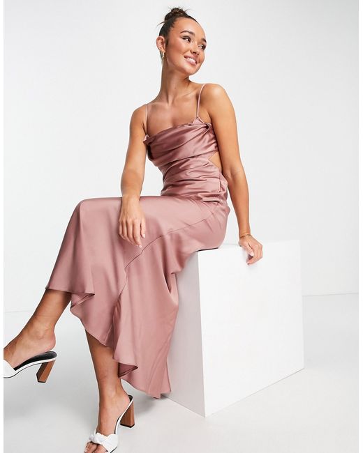 Asos Design Bridesmaid strappy satin cami maxi dress with cowl front in toffee-