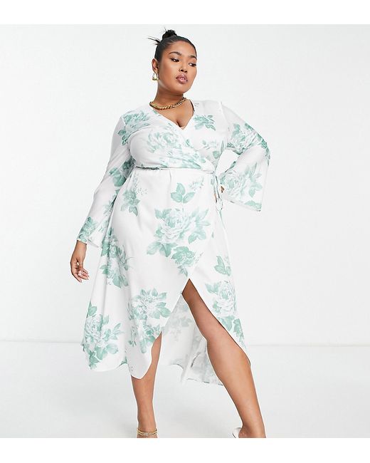 ASOS Curve DESIGN Curve exclusive bias cut satin wrap dress with tie waist in and green floral