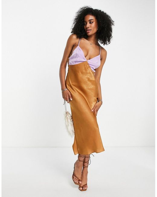Asos Design satin midi lace up back dress in camel and lilac block-
