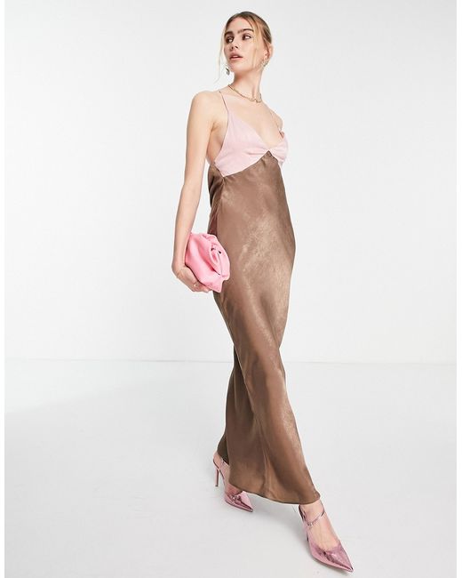 Asos Design maxi satin backless dress in brown and pink block-