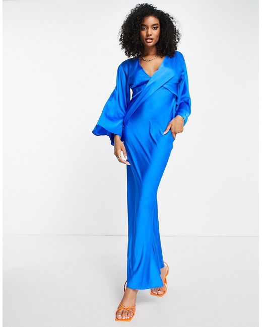 Asos Design satin batwing midi dress with drape bodice detail in cobalt-
