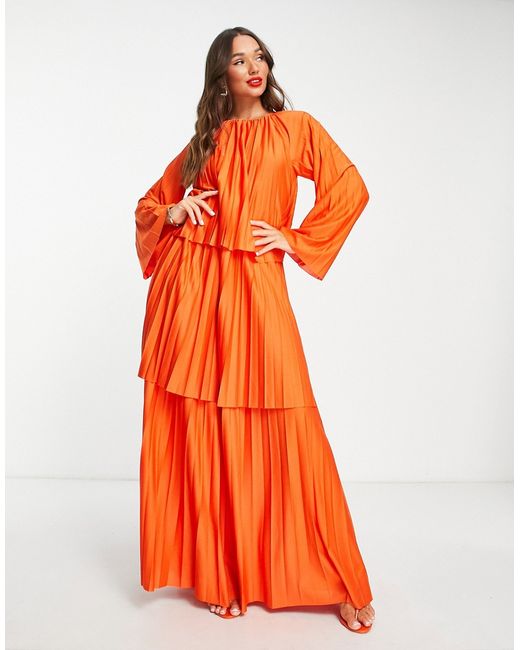 Asos Design tiered pleated maxi dress in orange-