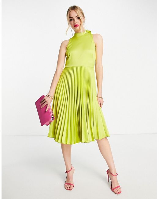 Closet London high neck pleated midi dress in lime-