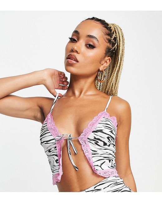 AsYou pink lace trim slit front cami top in zebra print part of a set-