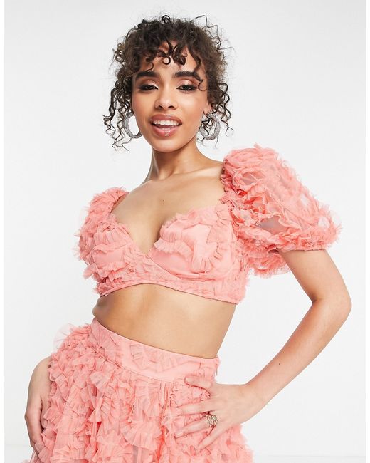 ASOS Luxe 3D lace crop top with puff sleeves in coral-