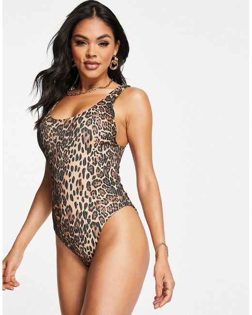Asos Design rib swimsuit in leopard print-