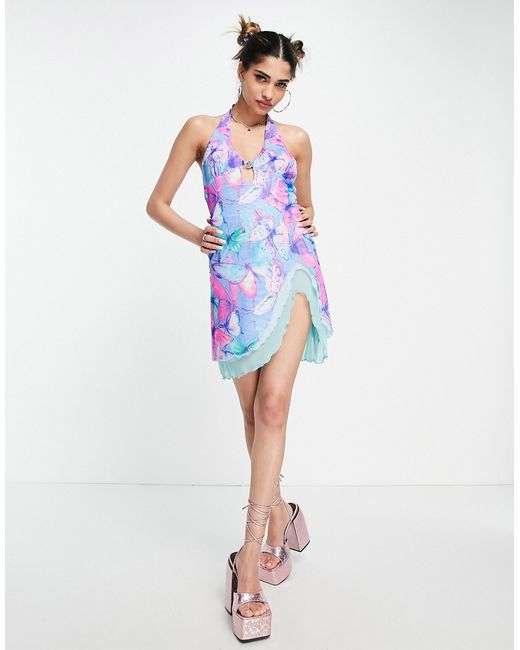Elsie & Fred halter neck mini dress with layered flippy thigh slit in retro butterfly print-
