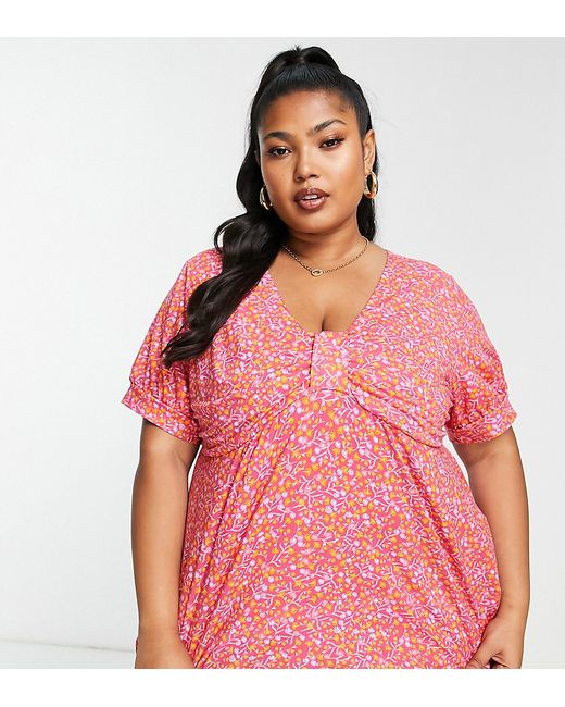 Simply Be knot front puff sleeve top in pink floral-
