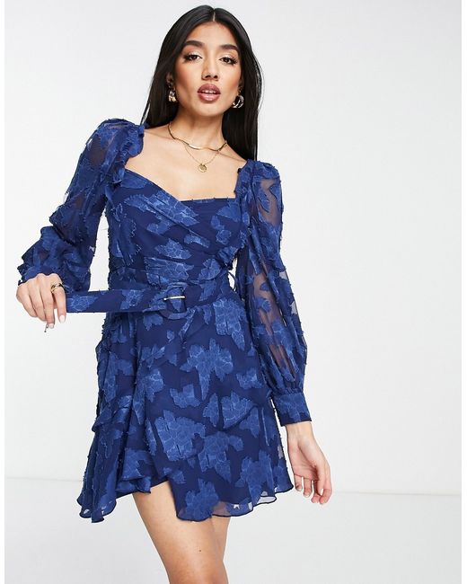 Asos Design floral jacquard mini dress with ruffle detail and belt in