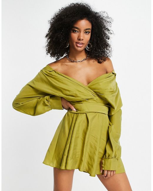 Asos Design off shoulder mini shirt dress with tie detail in washed fabric