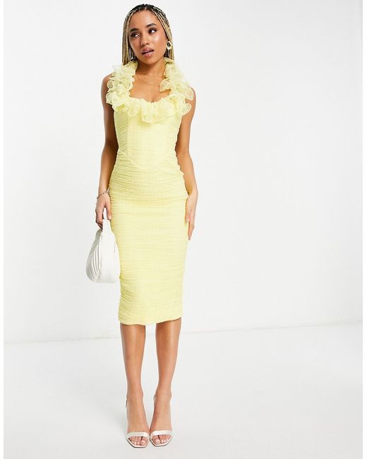 Asos Design Body-conscious ruffle mesh ruched midi dress in lemon yellow-