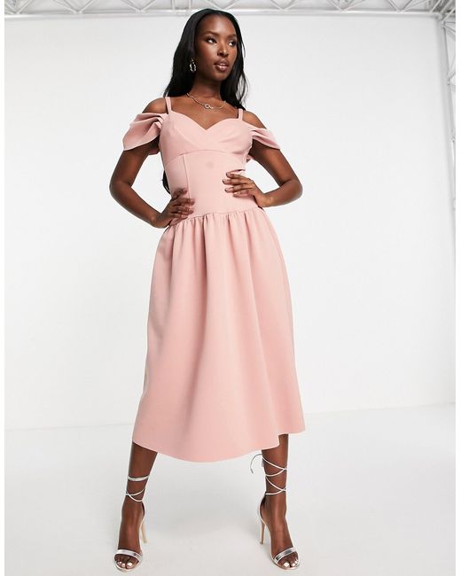 Asos Design dropped waist cold shoulder midi prom dress in rose-