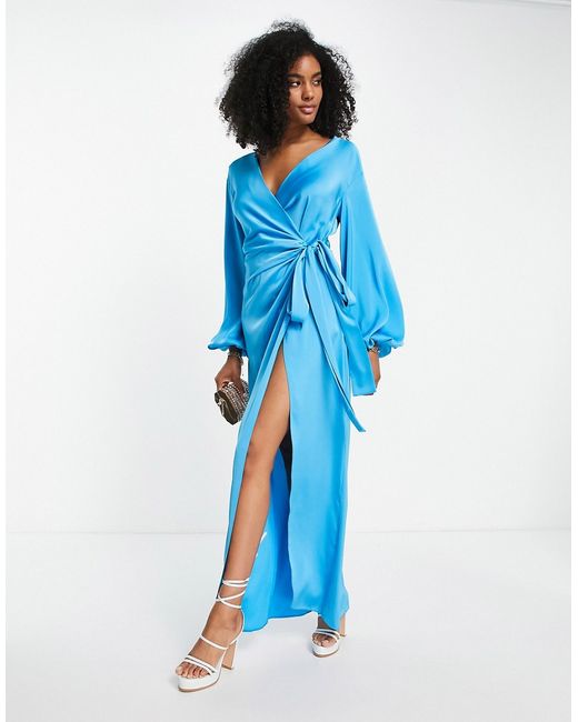 Asos Design exaggerated sleeve wrap dress with open detail back in bright satin