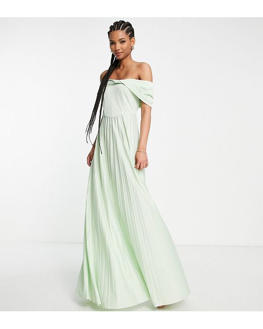 Asos Design Tall twist front off the shoulder pleated maxi dress in sage-
