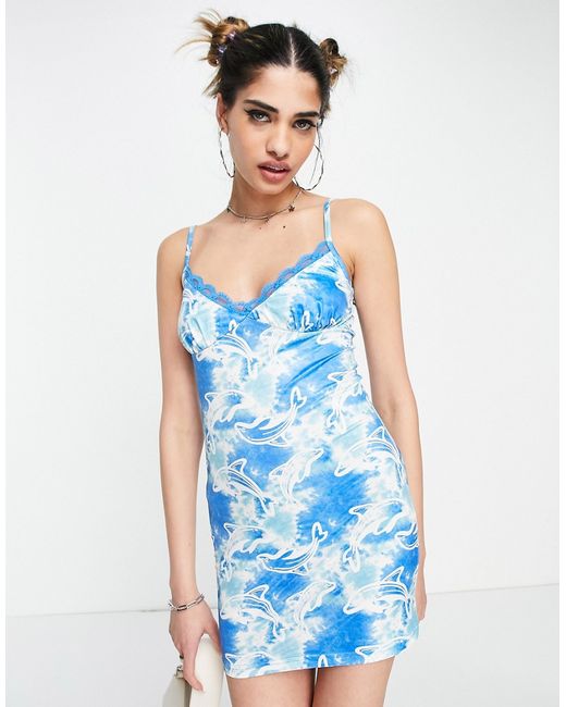 Elsie & Fred 90s cami mini dress with lace detail in retro dolphin print-