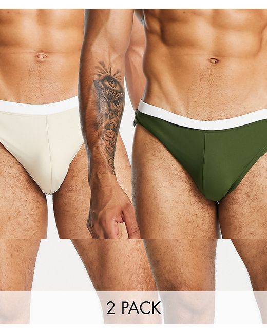 Asos Design swim brief multipack in dark green and beige with contrast white tipping save