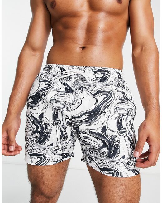 Brave Soul swim shorts in black and marble print