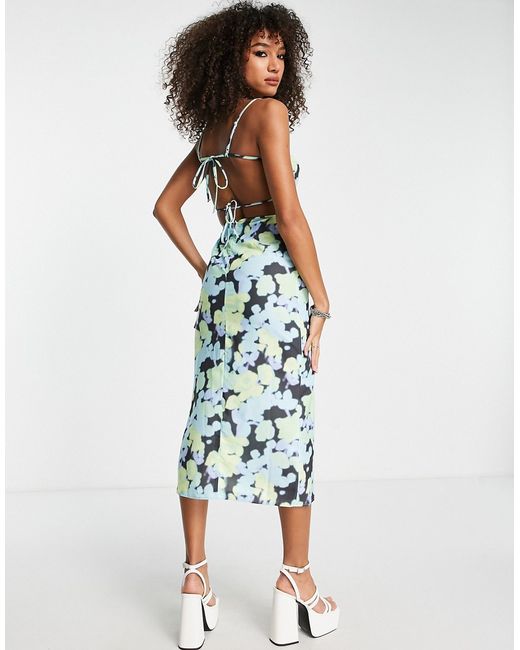 Asos Design open back slip midi dress in blurred floral print-