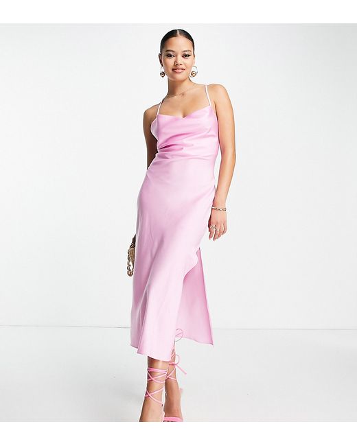 Asos Design satin cami midi slip dress with lace up back in pink-