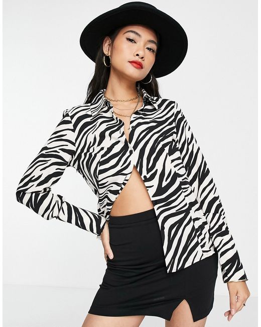 TopShop zebra print fitted shirt in monochrome-