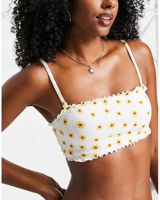 Monki recycled shirred bikini top in sunflower print-