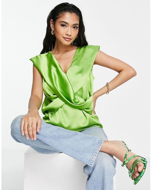 Asos Design satin v neck twist blouse with cupped sleeve in bright