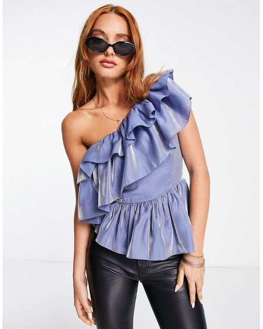 Asos Design one shoulder top with ruffle and peplum hem in shimmer