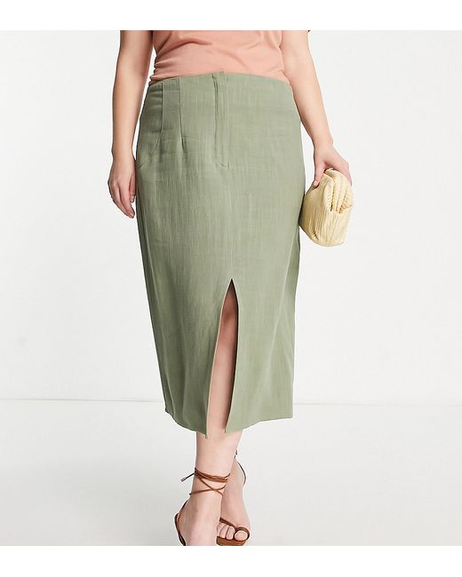 Asos Design Curve linen midi pencil skirt with split in khaki-