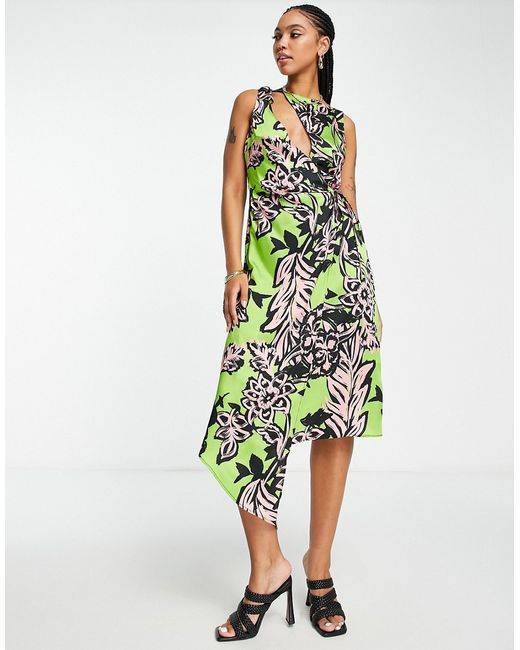 TopShop graphic floral wrap midi dress in green and pink-