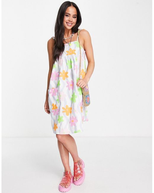 Native Youth strappy cami smock dress with pockets in wavy floral-