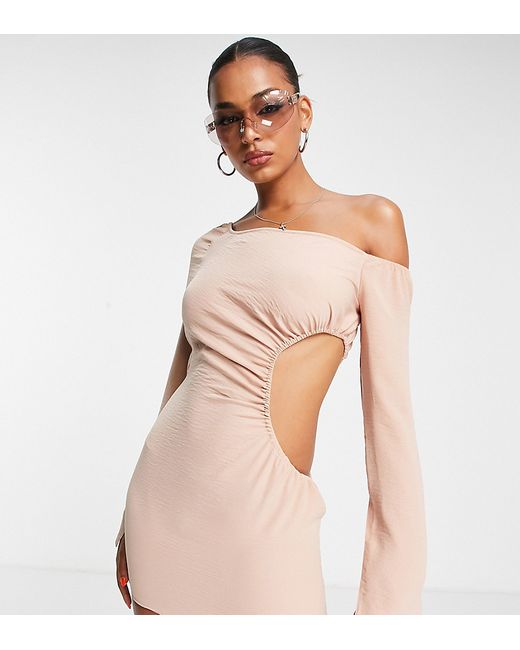 AsYou ruched cut out bardot mini dress in natural-