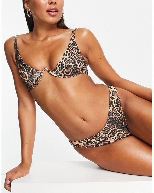 Asos Design mix and match ribbed high leg hipster bikini bottom in leopard print-