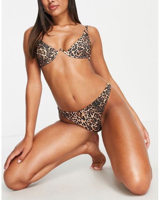 Asos Design mix and match ribbed high leg thong bikini bottom in leopard print-