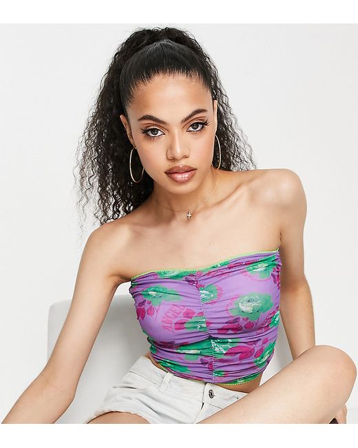 AsYou ruched front mesh bandeau top in rose print-